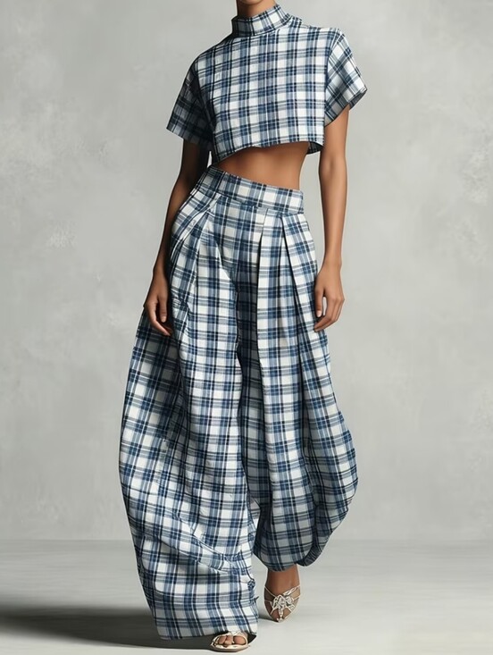 Pants - Cropped Top + High-Waisted Pleated Lantern Pants Women's Stylish Set